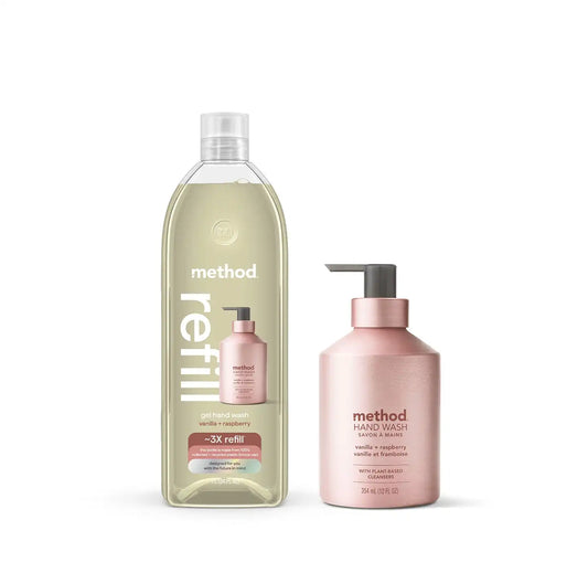 gel hand wash starter set - vanilla + raspberry, 46 fl oz