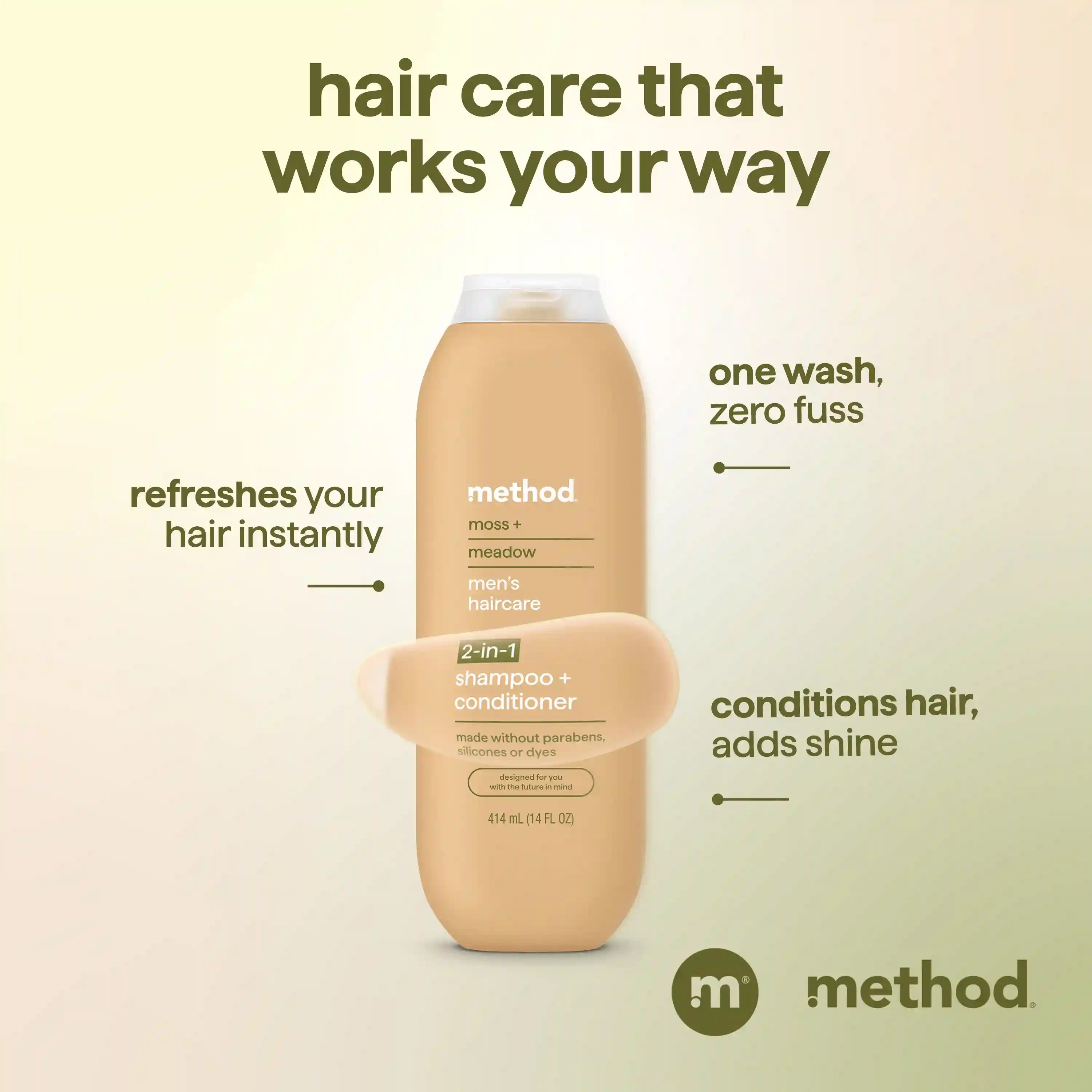 men 2-in-1 shampoo + conditioner - moss + meadow, 14 fl oz